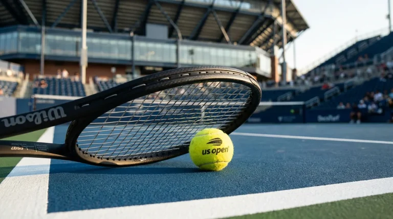 Raqueta de tenis y pelota sobre pista dura de Grand Slam