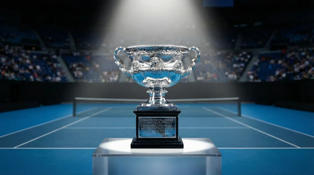 Trofeo del Australian Open sobre superficie de pista dura azul