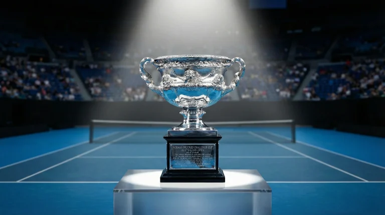 Trofeo del Australian Open sobre superficie de pista dura azul
