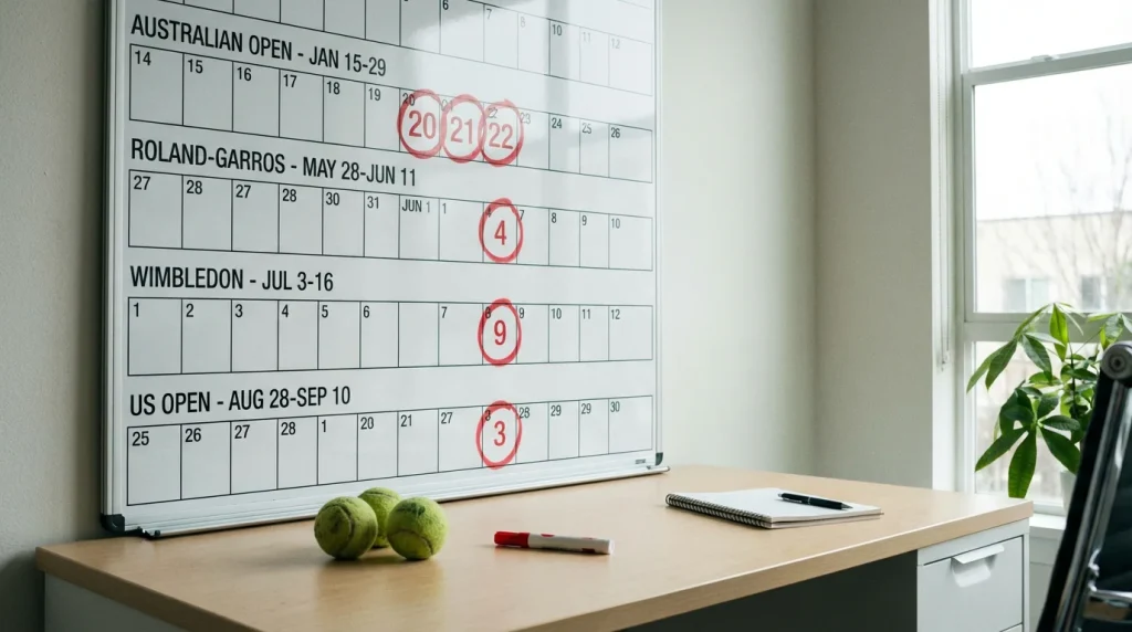 Calendario de torneos de tenis Grand Slam con fechas marcadas para apuestas