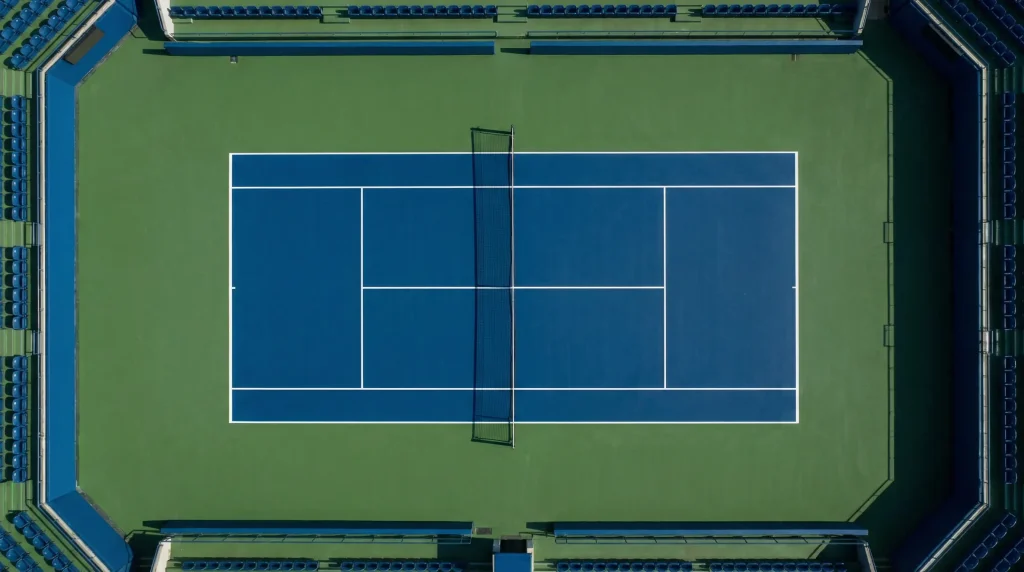 Pista de tenis vista desde arriba con lineas y red central
