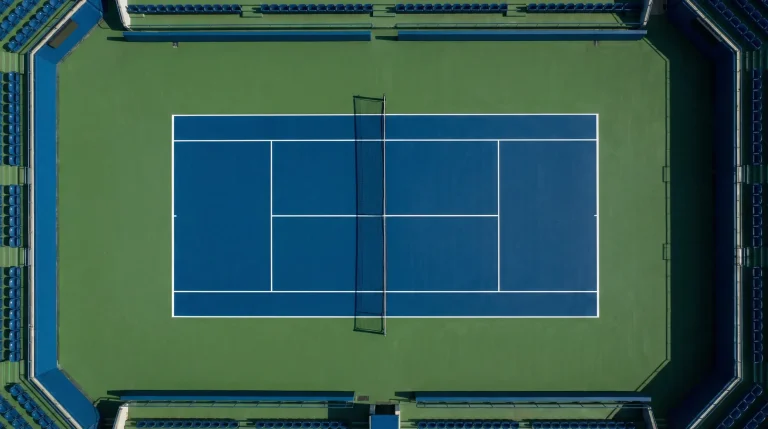 Pista de tenis vista desde arriba con lineas y red central