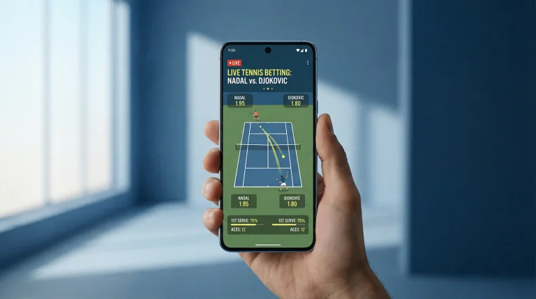 Smartphone mostrando app de apuestas de tenis con partido en vivo