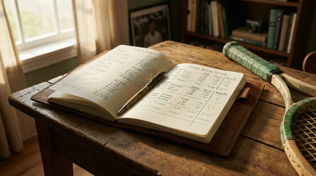 Libreta de gestion financiera junto a raqueta de tenis sobre escritorio