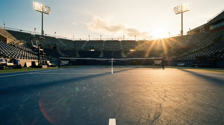 Pista de tenis de Grand Slam con red y lineas de juego en superficie dura