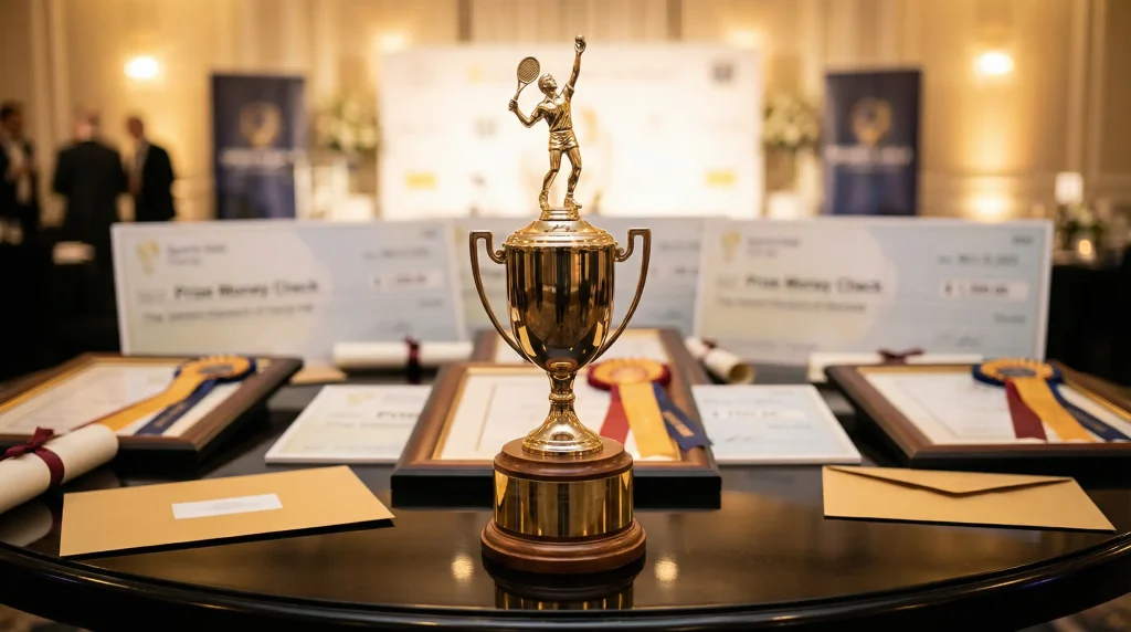 Trofeo de tenis dorado junto a billetes representando prize money de torneos