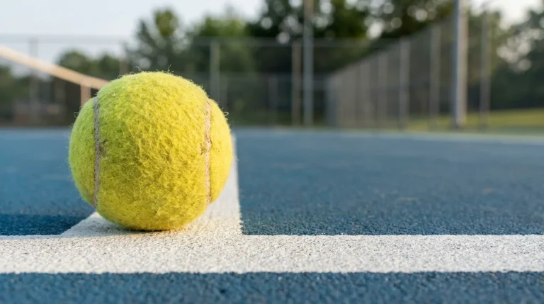 Pelota de tenis sobre linea de pista de superficie dura azul