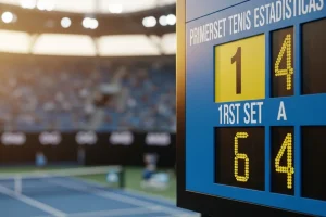 Marcador electronico de tenis mostrando primer set con estadisticas de partido