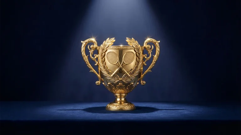 Trofeo dorado de campeon de tenis sobre fondo azul