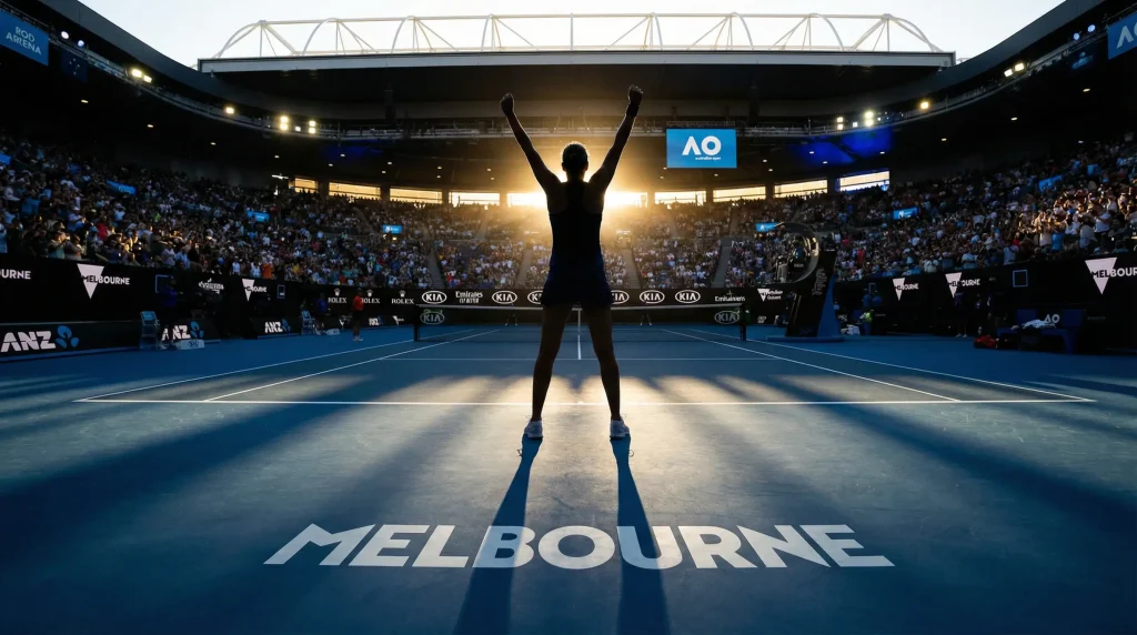 Tenista femenina celebrando victoria en pista dura de Australian Open